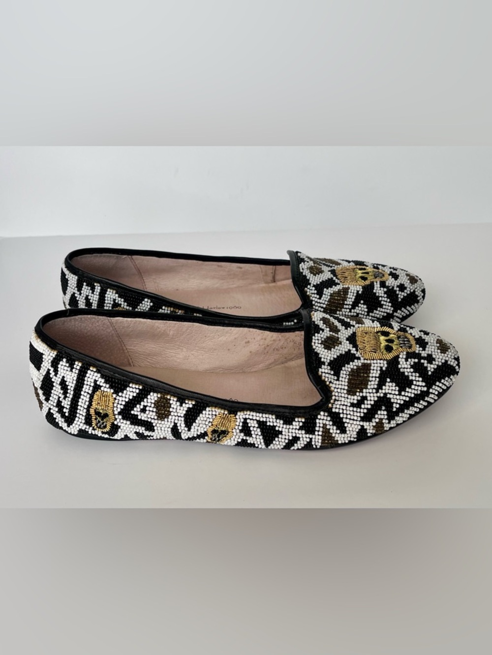 HOUSE of HARLOW 1960 Zenith Beaded Skull Flats Black White Gold EU 36 US 6